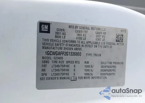 2016 Chevrolet Express 2500 Work Van z USA, uszkodzony, nr VIN 1GCWGAFF2G1336860